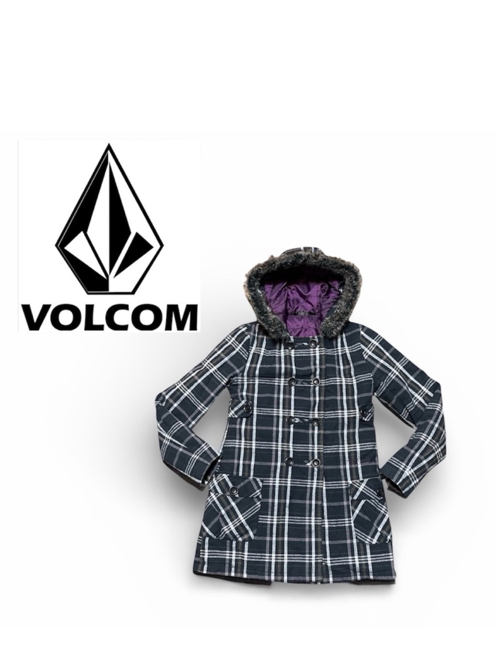 Volcom Fur Trim Hooded Winter Coat in Black/White w/ Purple Lining Size S NEW